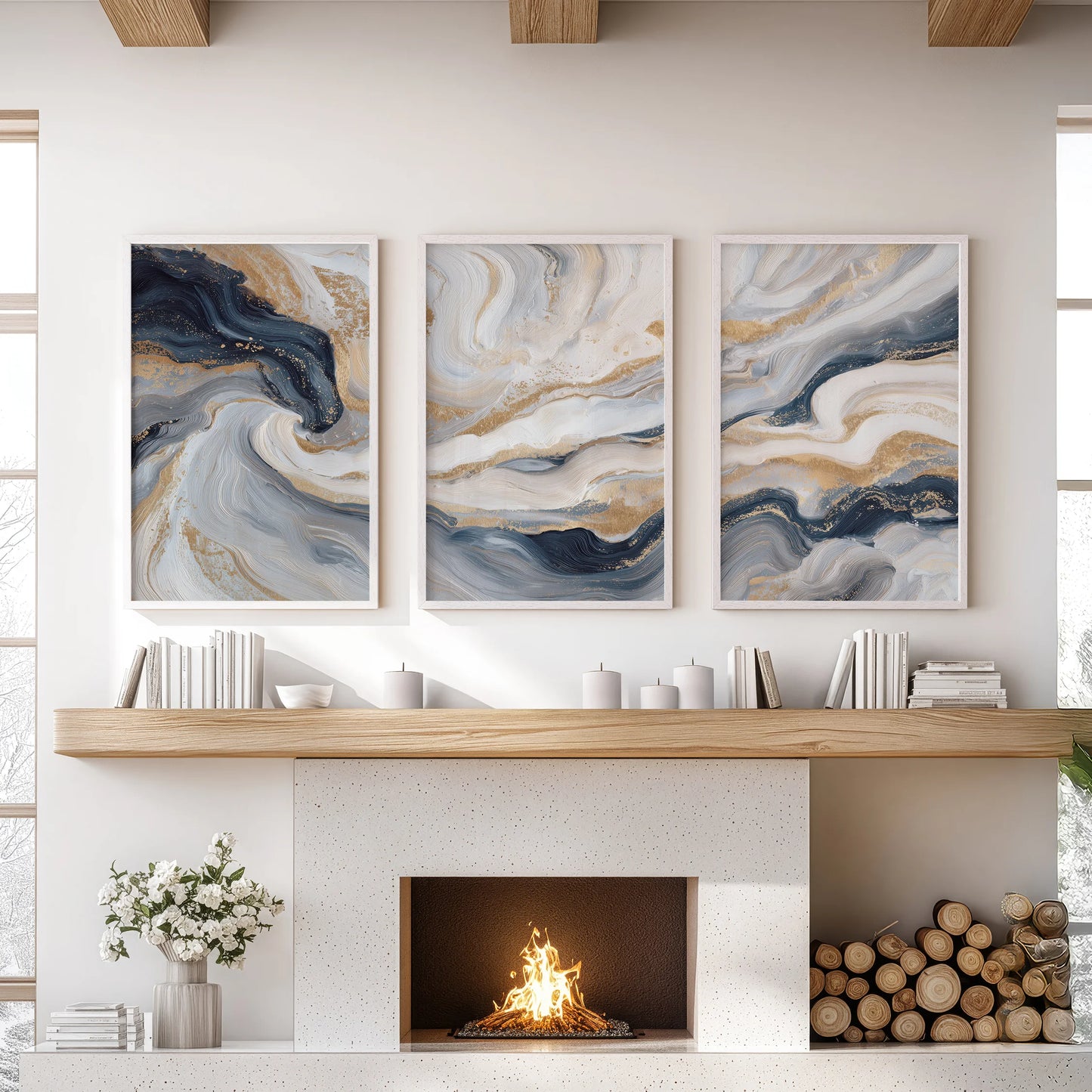Triptych wall art of blue-beige modern abstracts, set in white frames, completes the family room hearth display.