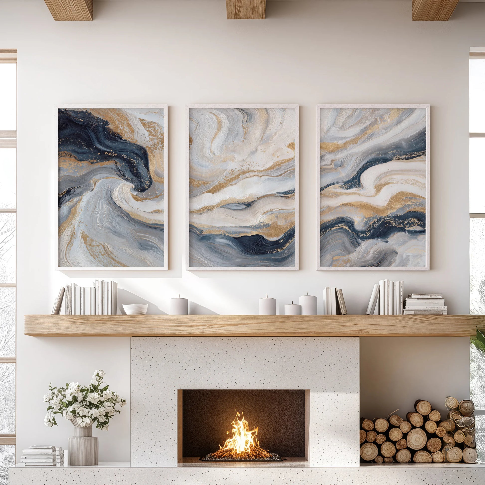 Triptych wall art of blue-beige modern abstracts, set in white frames, completes the family room hearth display.