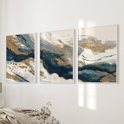 Modern minimalist abstract forms, a 3-piece art set, rest on the bedroom's bedside wall in crisp white framed prints that keep the palette serene.