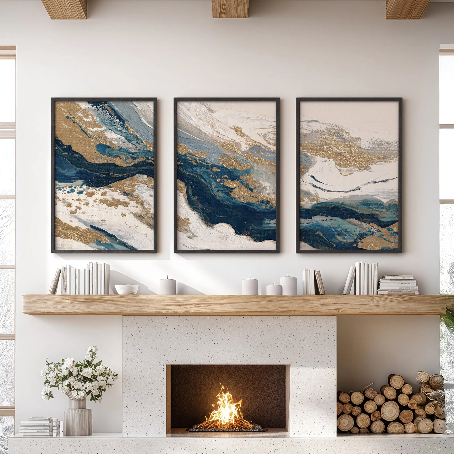 Navy blue and gold abstract brushstrokes, three-piece wall art, anchors the living room over the mantle in slim black frames with a refined, modern edge.