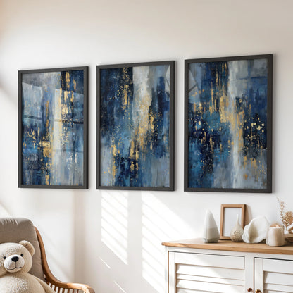 Black-framed blue and gold triptych wall art brightens a kids playroom, positioned neatly above the dresser for a crisp, modern look.