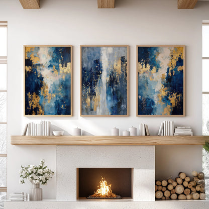 Three oak-framed prints with minimalist blue and gold tones crown the sitting-room mantelpiece in understated modern elegance.