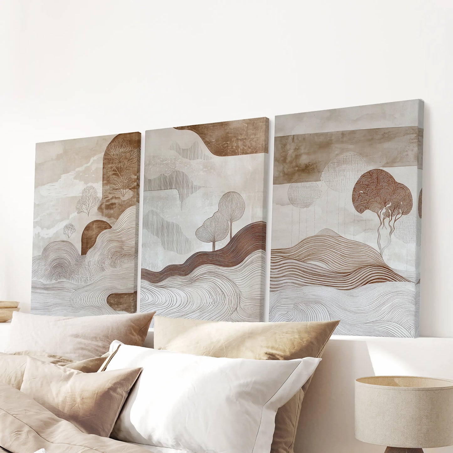 Neutral abstract shapes three-piece wall hanging set, gallery-wrapped canvas, spans the bedroom over the bed’s headboard with soft geometry.