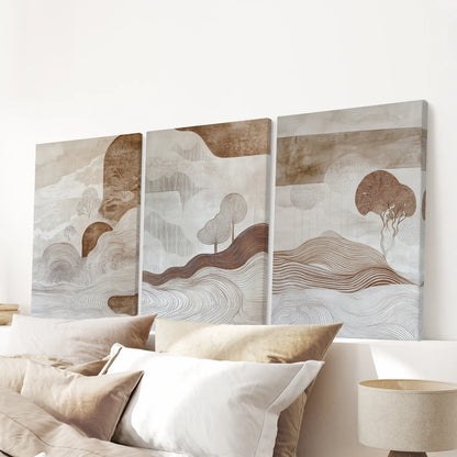 Neutral abstract shapes three-piece wall hanging set, gallery-wrapped canvas, spans the bedroom over the bed’s headboard with soft geometry.