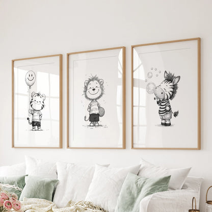 Lion, tiger, and zebra cubs, three-piece pictures in oak frames with mats, floating above the lounge sectional sofa for a clean, gallery look.