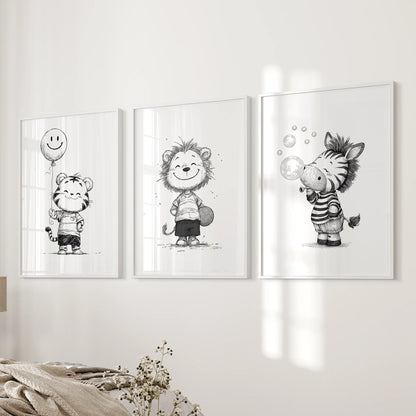 Lion, tiger, and zebra cubs, poster set of three in white frames, perched beside the bed wall to bring gentle safari charm to the bedroom.