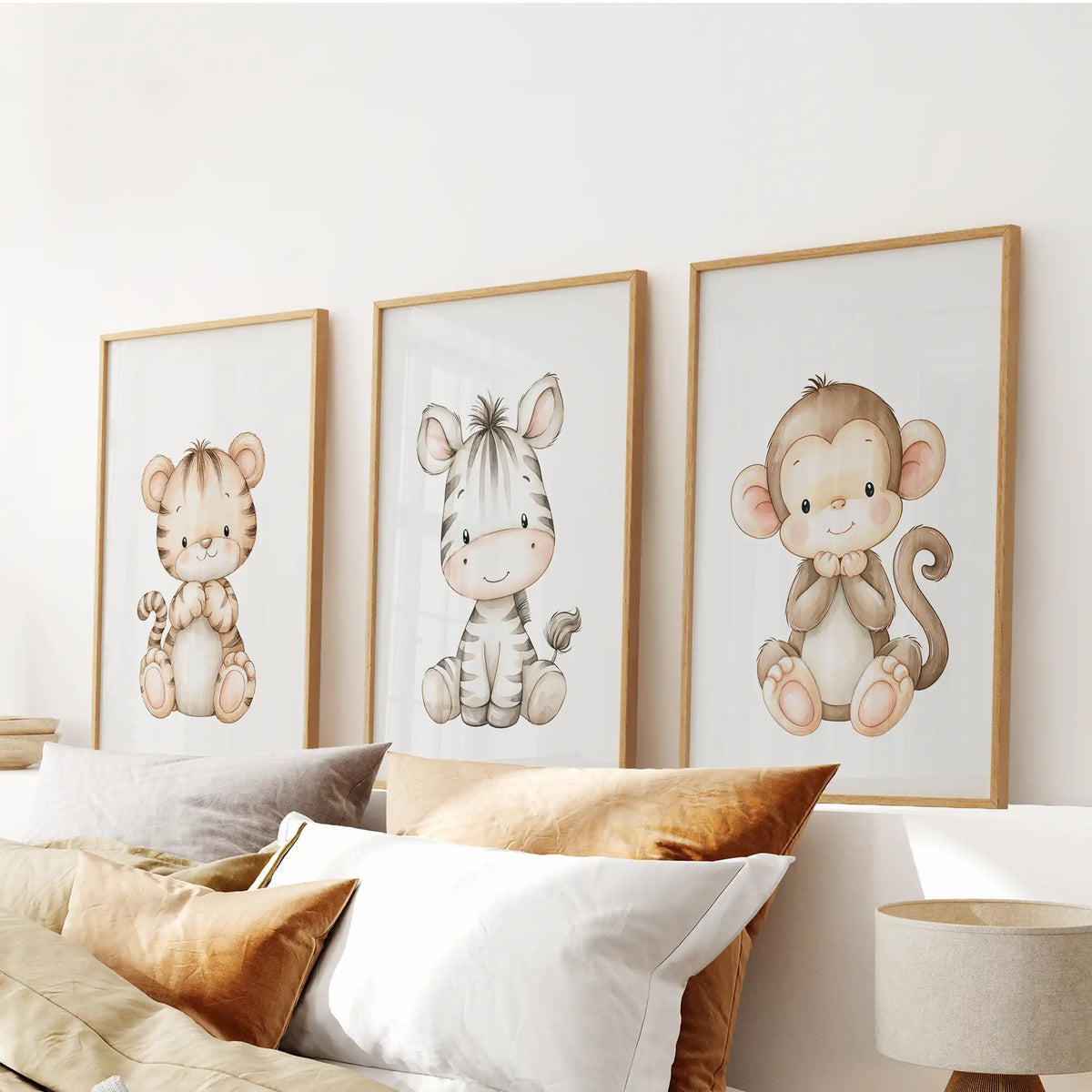 A small brown monkey with a curled tail sits beside a striped zebra and tiger cub in three oak-framed prints above a bed.