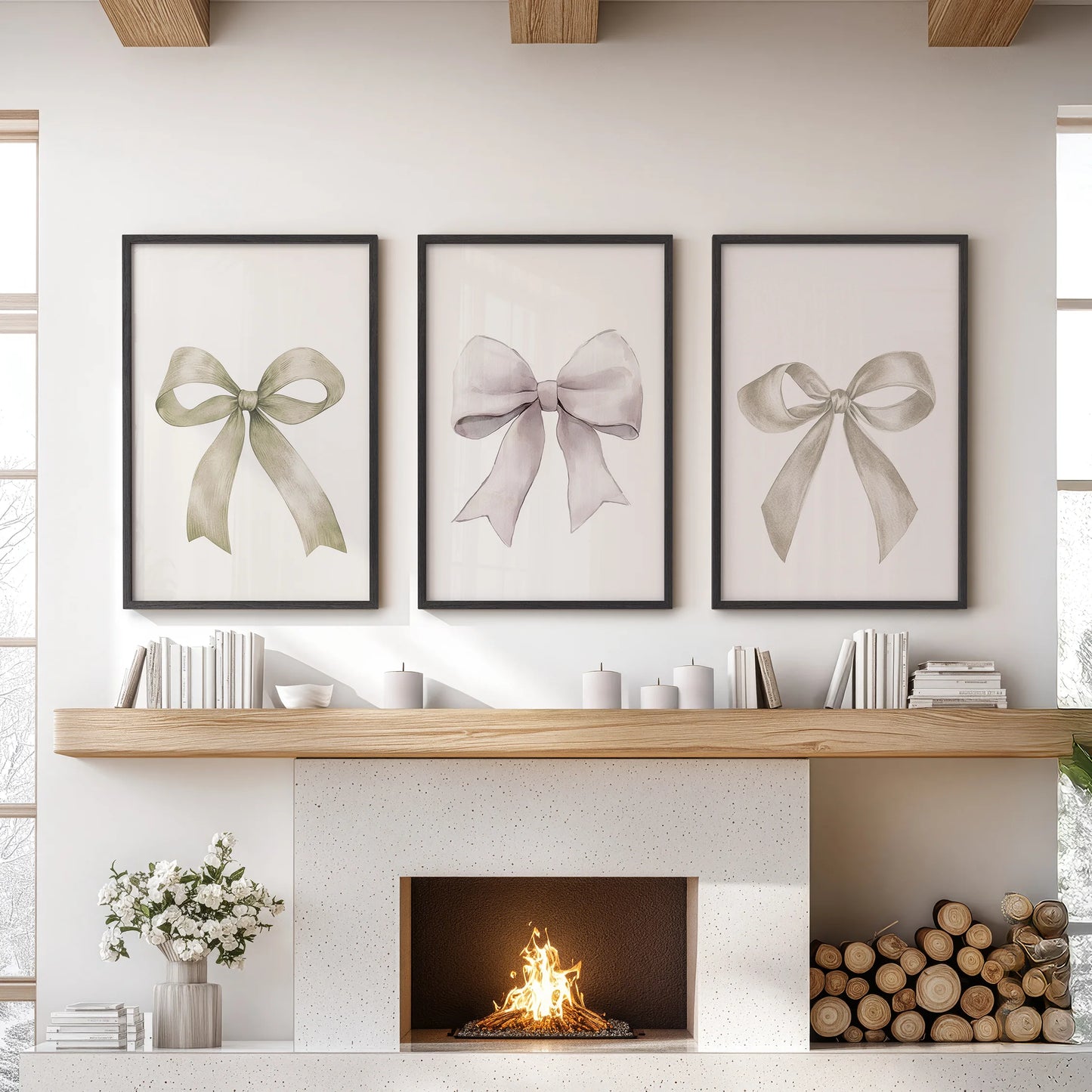 Neutral bow illustrations, a set of three wall art prints, hang above the fireplace mantel in the living room, their black frames sharpening the soft cream ribbons.