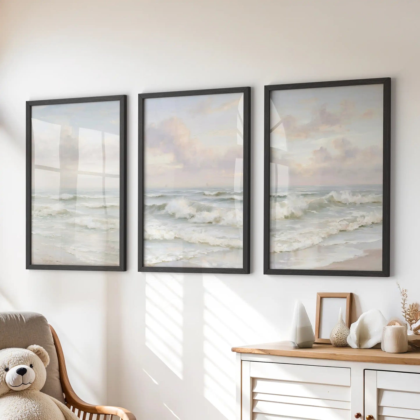 Pastel beach skies in a poster set of 3, finished in black frames, add a soft coastal note to the kids’ room when hung above the dresser.
