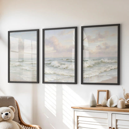 Pastel beach skies in a poster set of 3, finished in black frames, add a soft coastal note to the kids’ room when hung above the dresser.