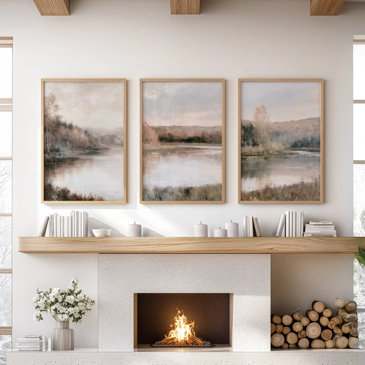 This three-poster wall art bundle shows autumn woodland by the water in warm oak frames, adding a calm, rustic note over the living room mantel.
