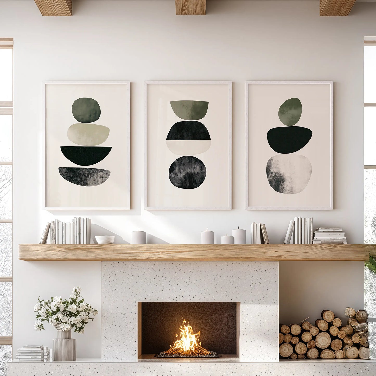 Scandinavian modern abstracts set of three wall art pieces, white framed, anchor the sitting room above the mantel with balanced, airy shapes.