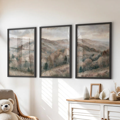 Woodland tree triptych wall art, a three-piece set, hangs above the dresser in the kids' room with crisp black frames.