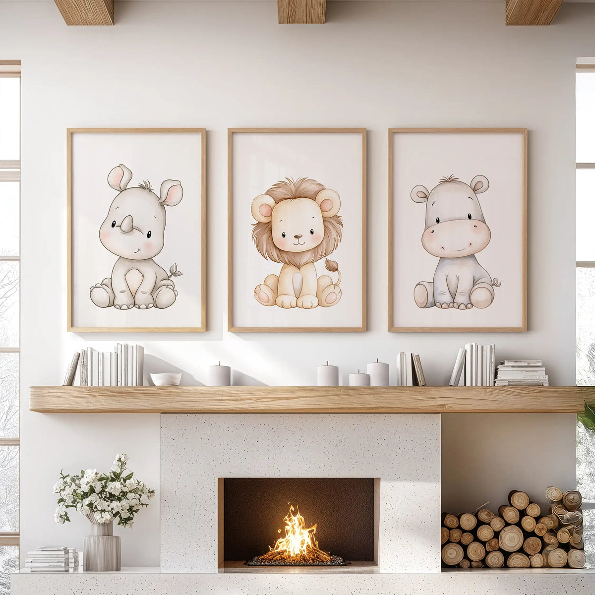 A baby rhino, lion and hippo appear in three oak-framed prints above a fireplace.