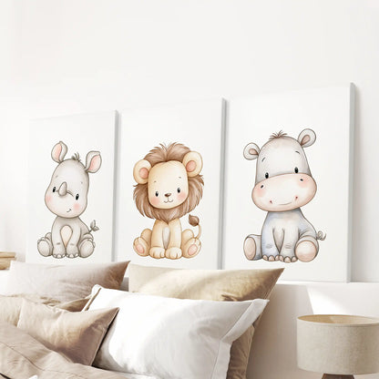 Rhino, lion and hippo illustrations fill three canvases above a bed.
