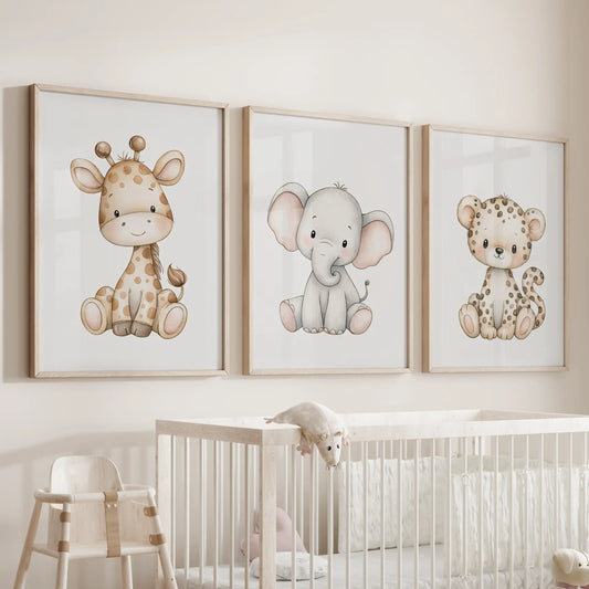 Baby safari animals appear in three oak-framed prints above a nursery crib.