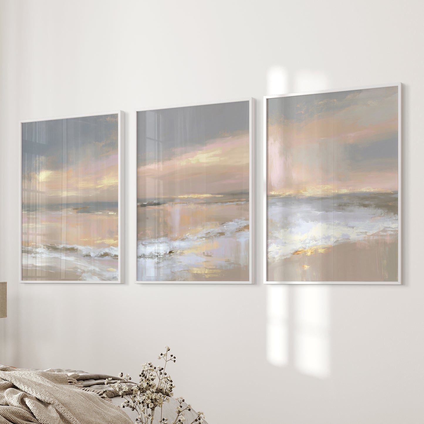 Abstract Coastal Set of 3 Prints. Neutral Seascape Painting