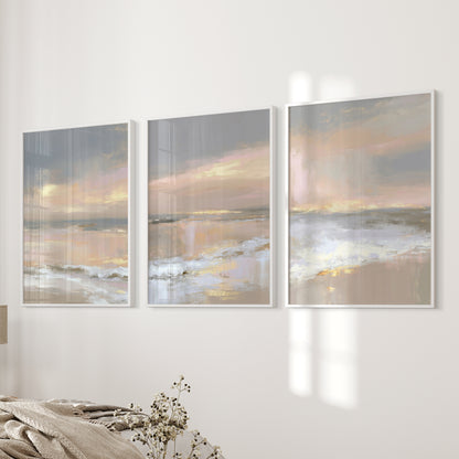 Abstract Coastal Set of 3 Prints. Neutral Seascape Painting