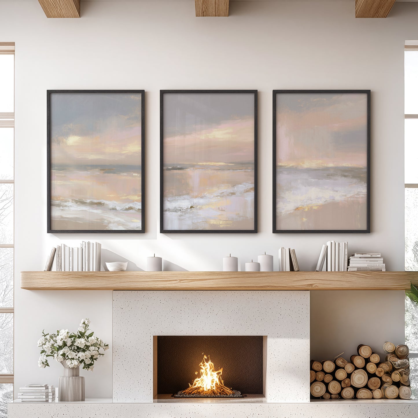 Abstract Coastal Set of 3 Prints. Neutral Seascape Painting