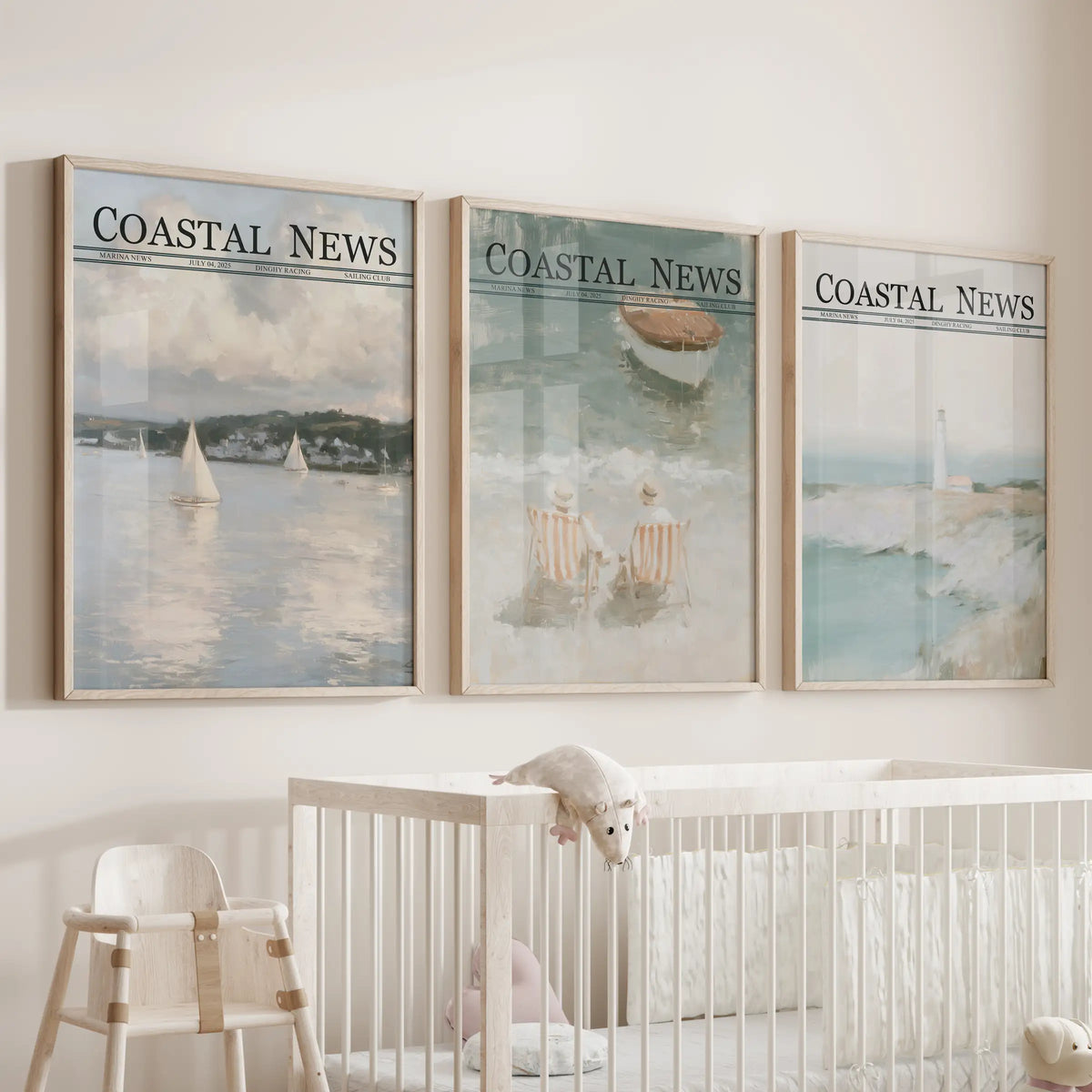 Wall art set of three in wood frames, depicting painterly beach scenes above a crib in a nursery.
