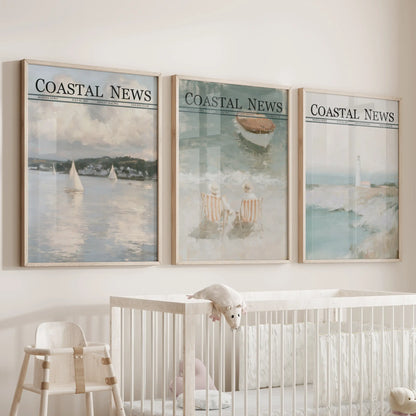 Wall art set of three in wood frames, depicting painterly beach scenes above a crib in a nursery.
