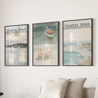 Set of three seaside wall prints in black frames, displayed behind a couch in a neutral living room.