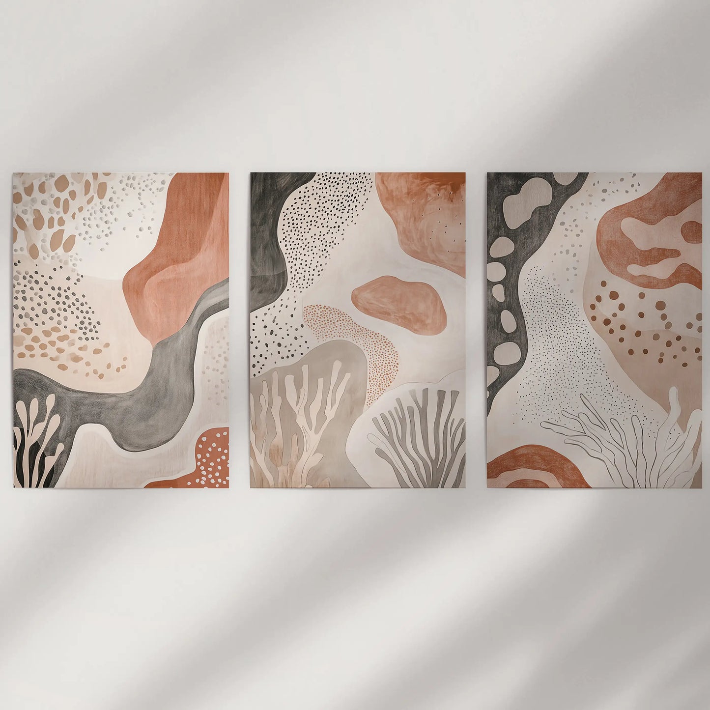 Warm neutral palette abstracts, 3-piece unframed prints shipped rolled, ready to mount on a clean wall for a quietly modern accent.