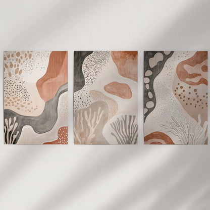 Warm neutral palette abstracts, 3-piece unframed prints shipped rolled, ready to mount on a clean wall for a quietly modern accent.