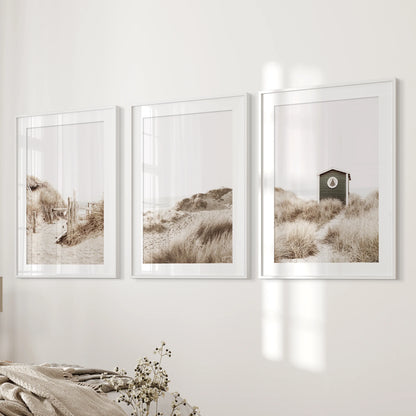 Pampas grass three-print poster set in white mat frames sits beside the bed in the bedroom, bringing airy plumes and subtle coastal warmth.