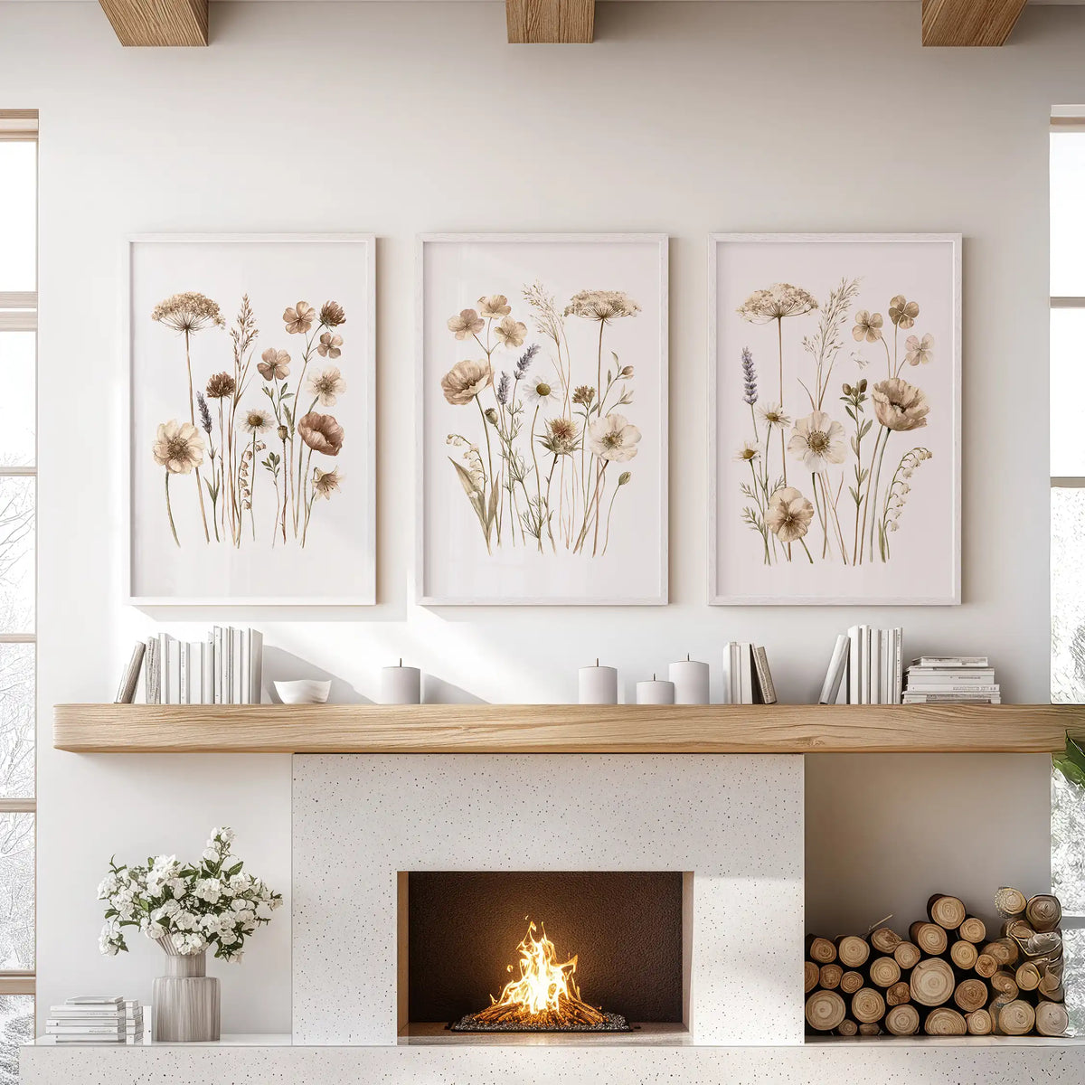 Three neutral wildflower prints in white frames above a fireplace.