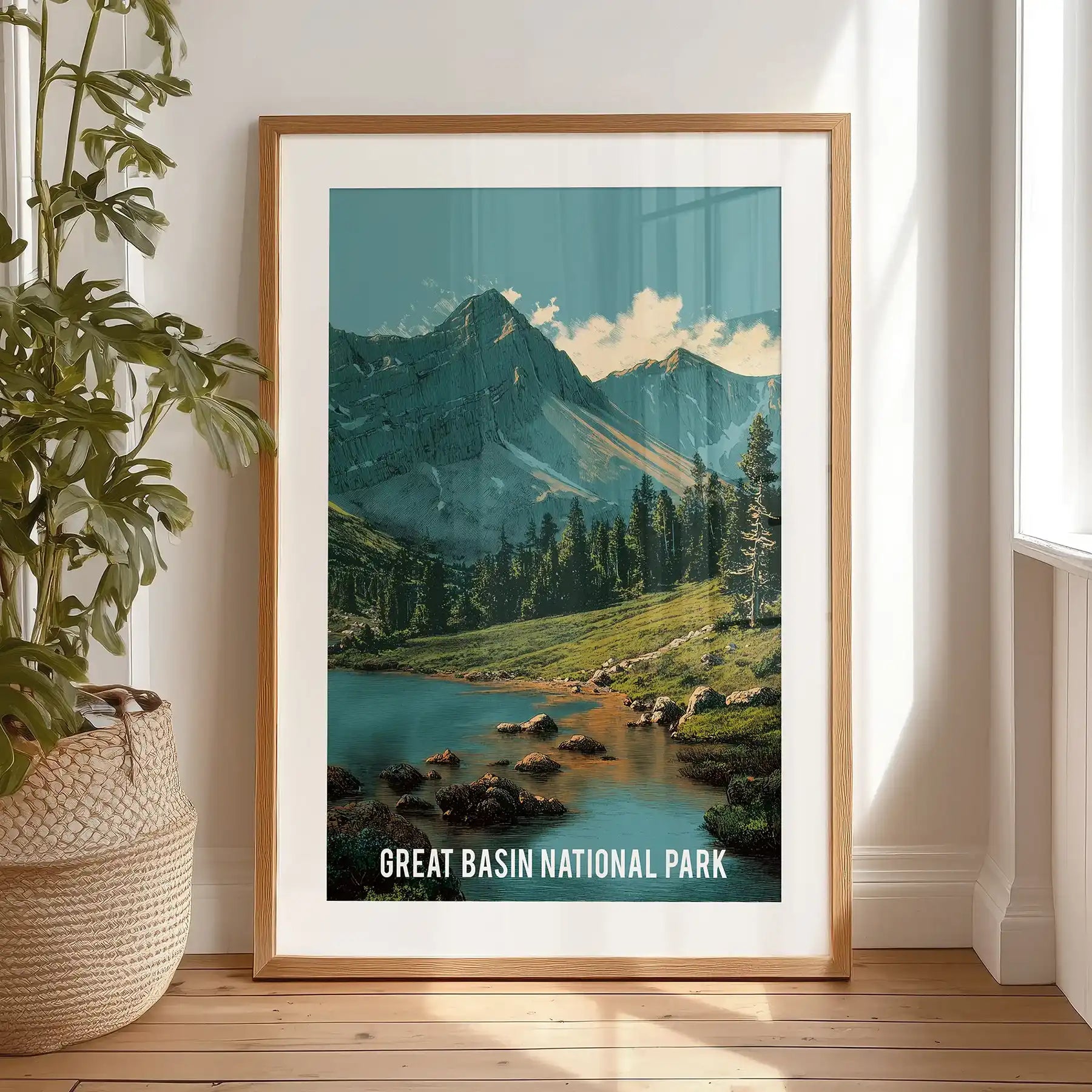 Forest lake landscape large wall art print, presented in a black mat frame and leaned on the bedroom floor against the wall for a casually curated look.