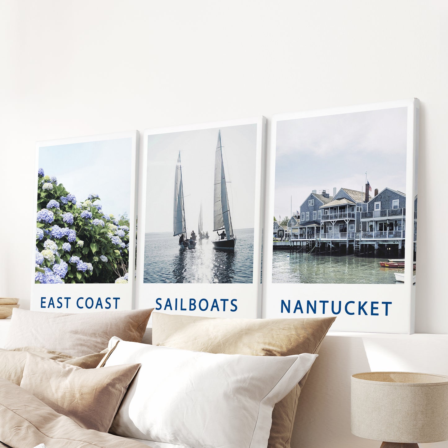 Nantucket Art Set of 3. Blue Hydrangeas, Classic Sailboats Prints