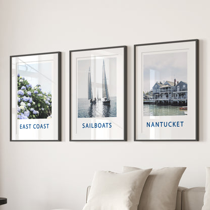Nantucket Art Set of 3. Blue Hydrangeas, Classic Sailboats Prints