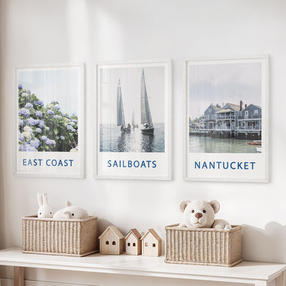 Nantucket Art Set of 3. Blue Hydrangeas, Classic Sailboats Prints