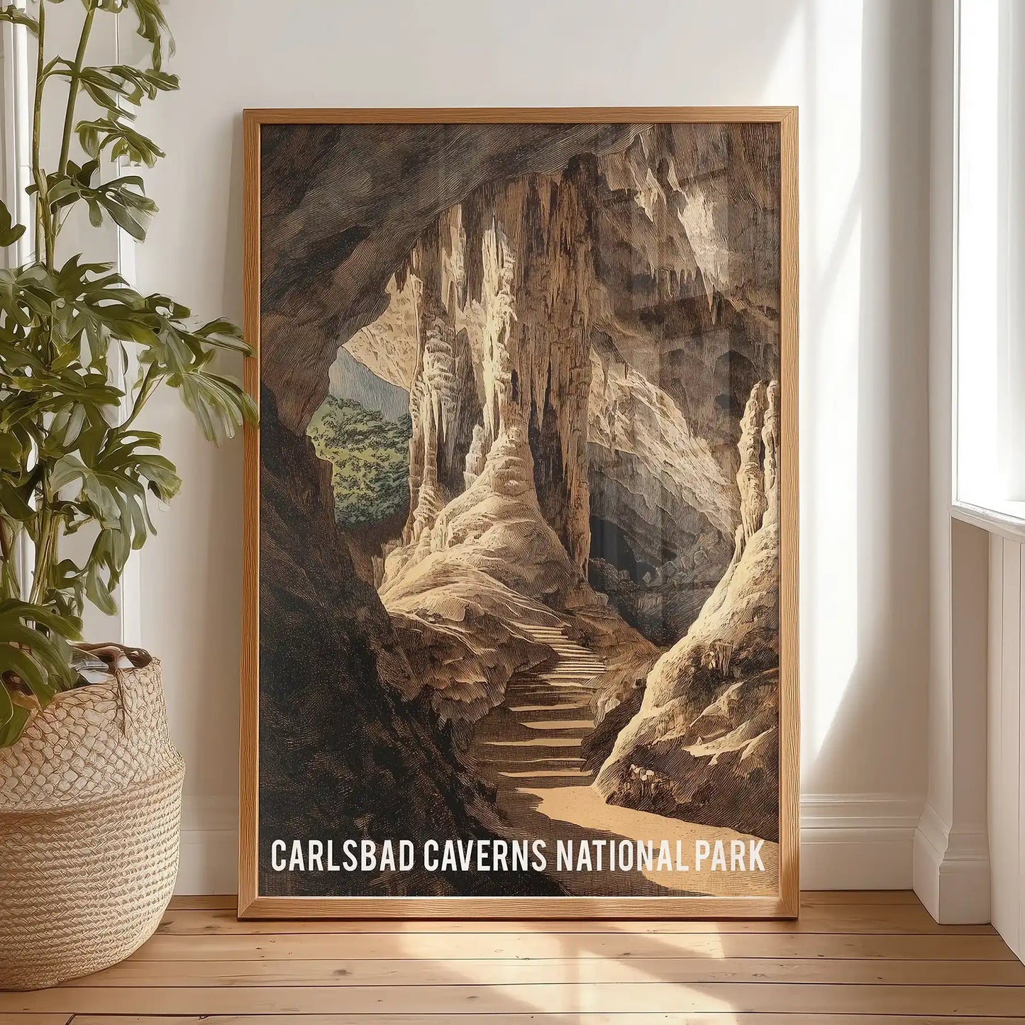 A wooden-framed poster print of beige cave interiors leans by the bedroom window, offering a grounded glimpse into Carlsbad Caverns’ vastness.