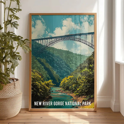Forested canyon and soft blue sky single art piece in a light oak frame leans on a bedroom floor, lending calm, modern wall decor with an Appalachian feel.
