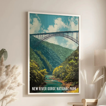 National park travel poster wall art print in a white framed finish complements a sitting room, positioned over a lounge chair with bridge and tree-lined hills.