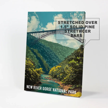 Gallery-wrapped wall canvas depicting the West Virginia river gorge stretches greens and pale sky hues across one panel, giving a simple natural accent.