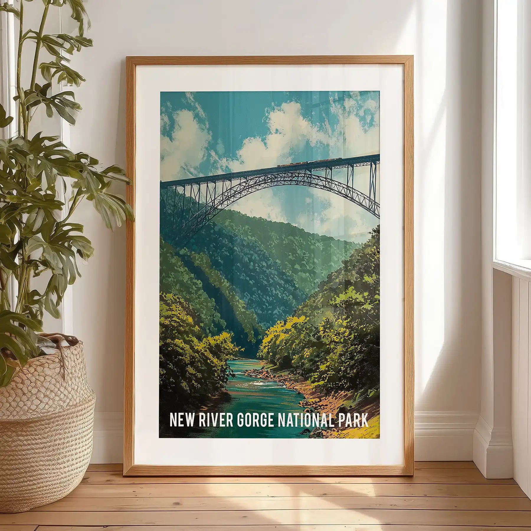 Appalachian mountain landscape statement wall decor in a black frame with mat rests on a bedroom floor, a bold vintage-style print ready to hang on the wall.