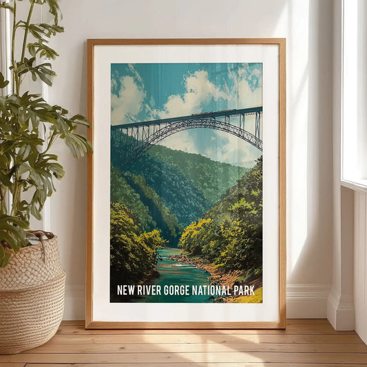 Appalachian mountain landscape statement wall decor in a black frame with mat rests on a bedroom floor, a bold vintage-style print ready to hang on the wall.