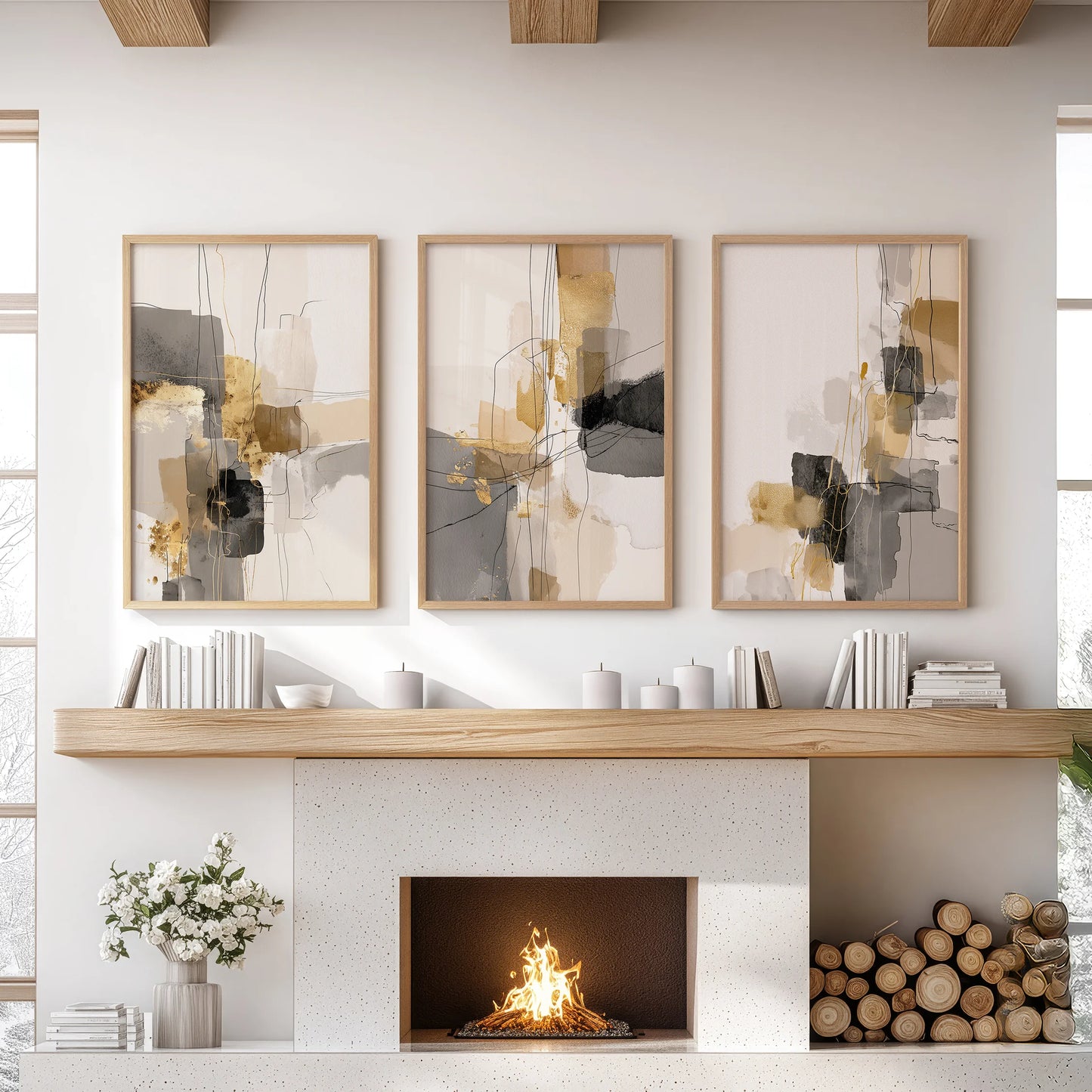 Nordic minimalist brushstrokes, a 3-print wall art set in natural oak frames, sit neatly above the fireplace mantel, warming the living room with clean lines.