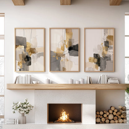 Nordic minimalist brushstrokes, a 3-print wall art set in natural oak frames, sit neatly above the fireplace mantel, warming the living room with clean lines.