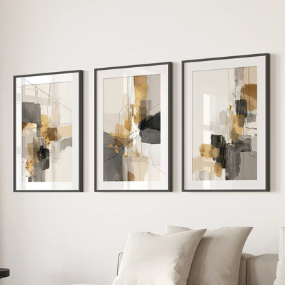 Neutral beige abstract forms, set of three framed prints with black mats, lend calm structure to a family room when hung over the couch.