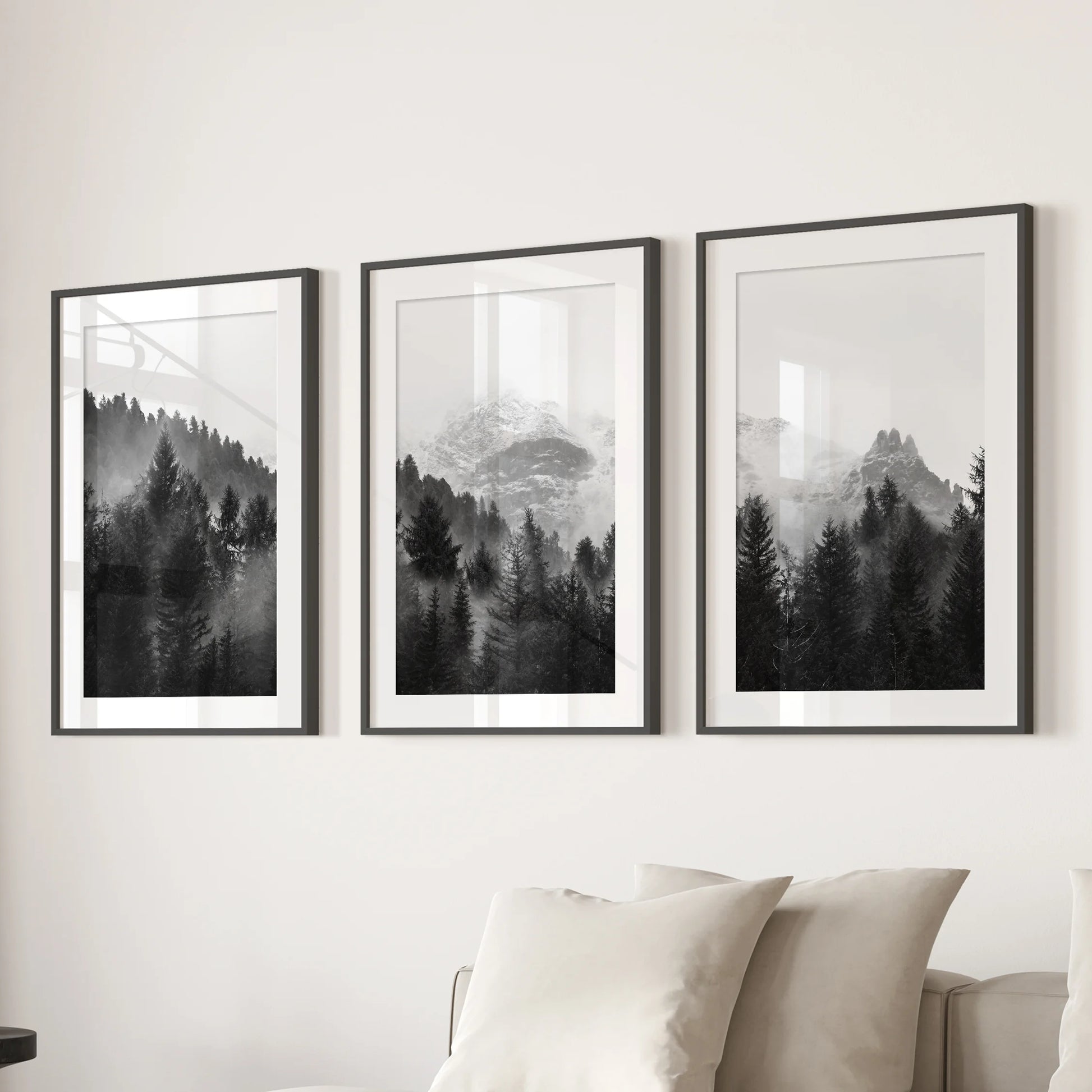 Mountain forest in fog three-piece wall decor set with black frames and matting, sized for the lounge above a sectional.