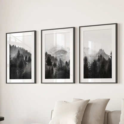 Mountain forest in fog three-piece wall decor set with black frames and matting, sized for the lounge above a sectional.