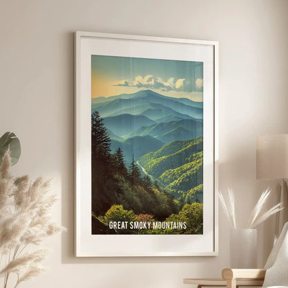 Great Smoky Mountains statement wall art print, designed to hang above the lounge seat in a refined white mat frame.