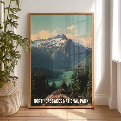 Evergreen forest landscape single-panel wall art in a light wood frame leans against the bedroom wall, bringing soft Cascades greens to a restful corner.