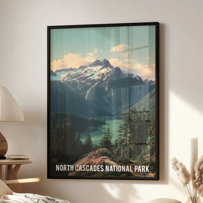 North Cascades National Park individual wall art print hangs over an accent chair as a black-framed print in the lounge, showing glacier peaks and deep green valleys.
