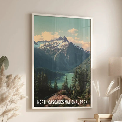 A Ross Lake poster-style wall art piece in a white frame hangs above the living room seating, showing vintage turquoise waters and rugged hills.