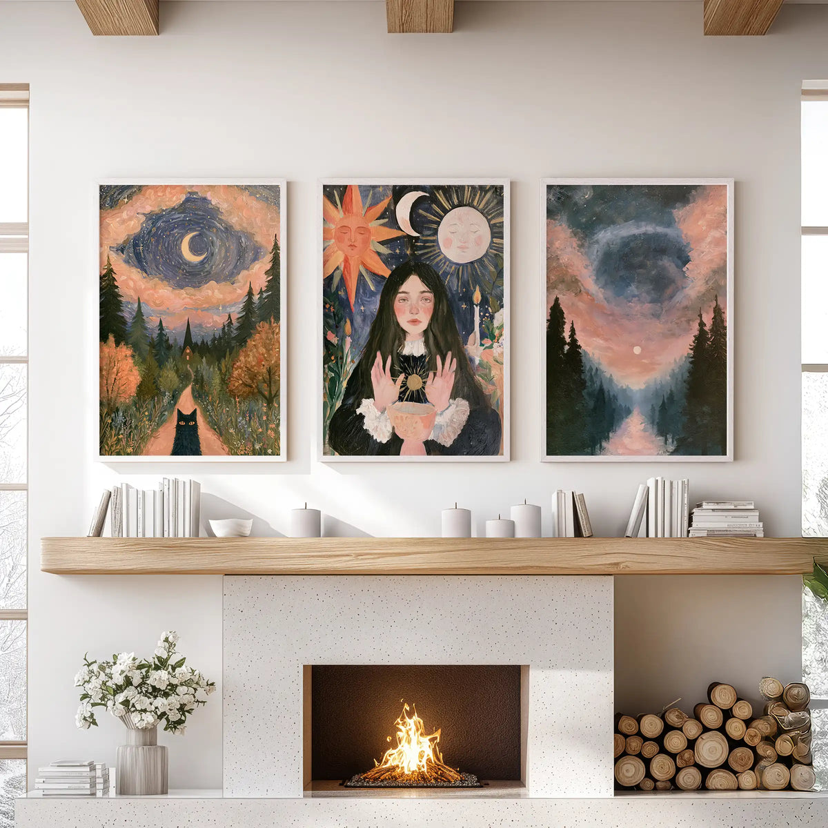 Celestial forest triptych, three art prints in white frames, is staged above the sitting-room fireplace for a crisp, editorial pop of mystique.